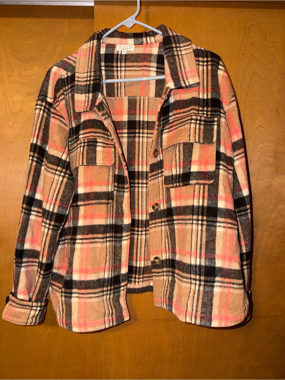 AVEN Plaid Button-Front Jacket in Pink and Tan
